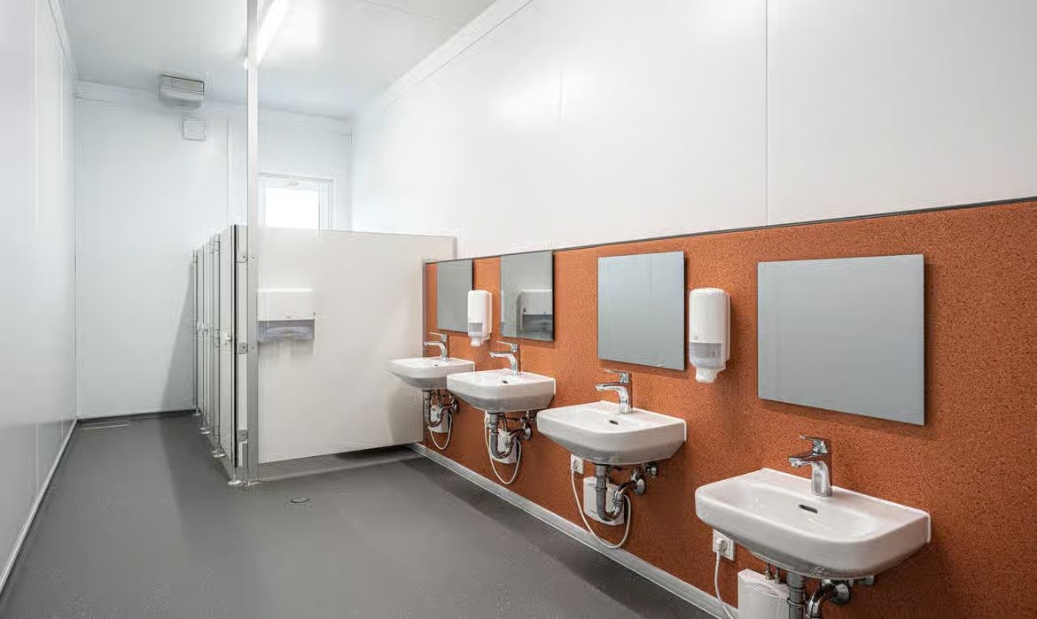 childrens washroom with low basins and mirrors in a modular nursery