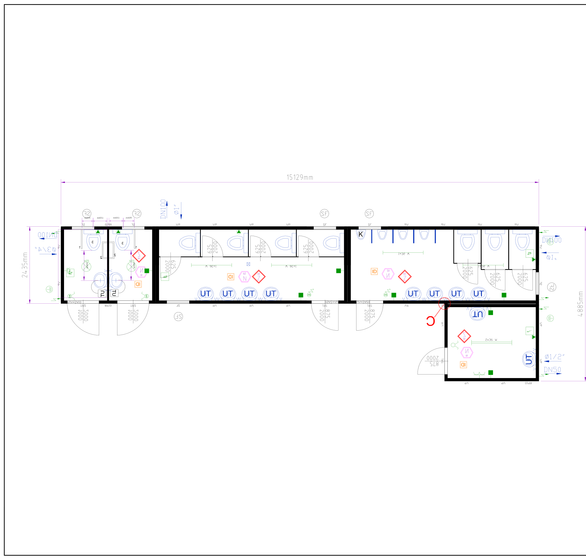 50ft staff amenity building floor plan with WCs, urinals and wash basins