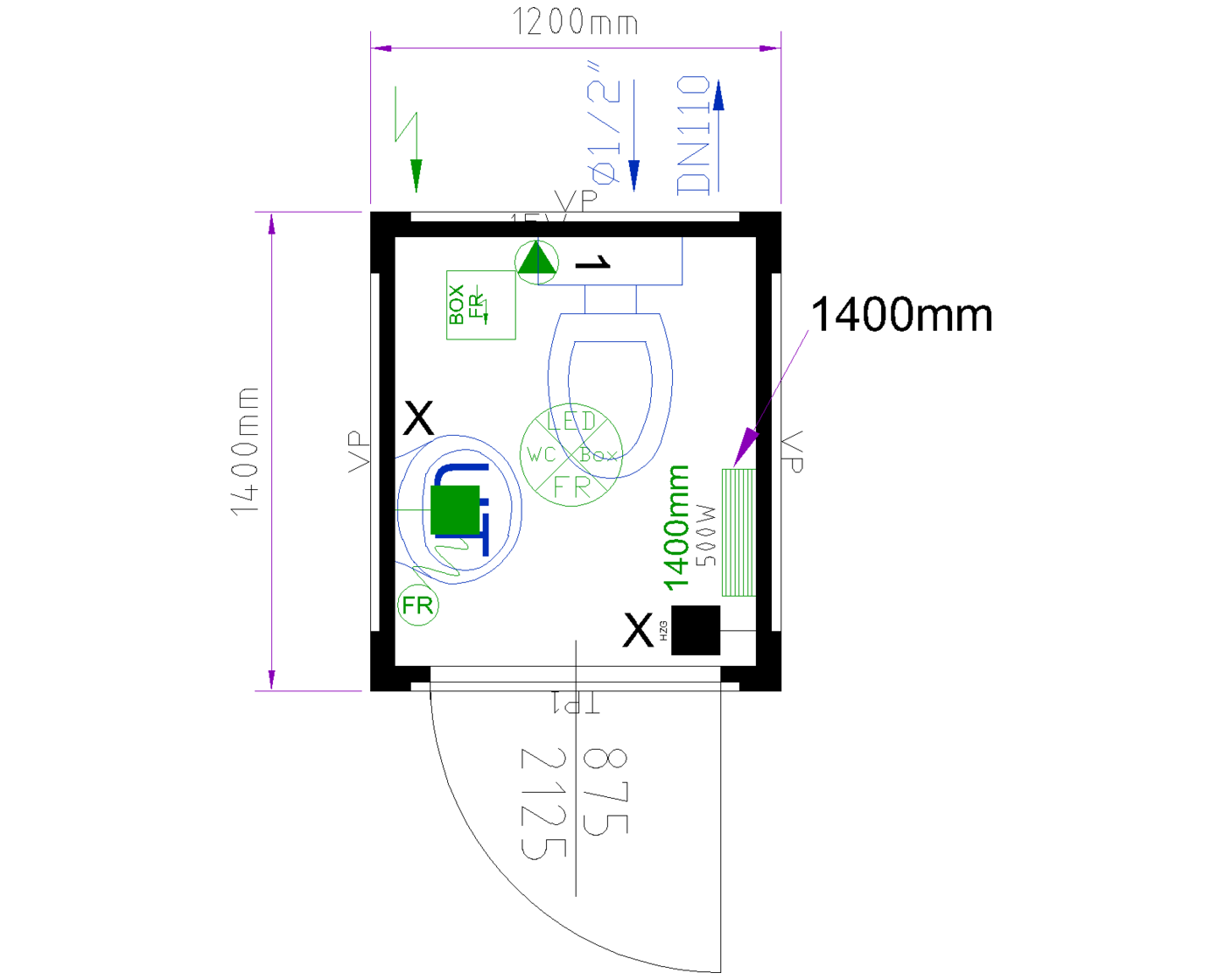 5ft Sanitary Cabin floor plan