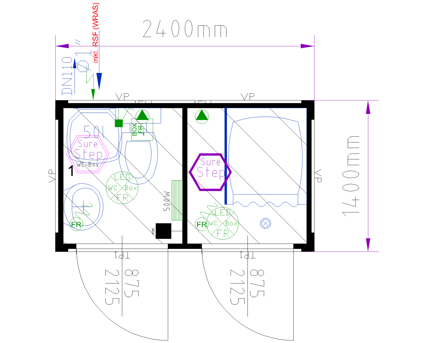 8ft Sanitary Cabin (WC + Shower) floor plan