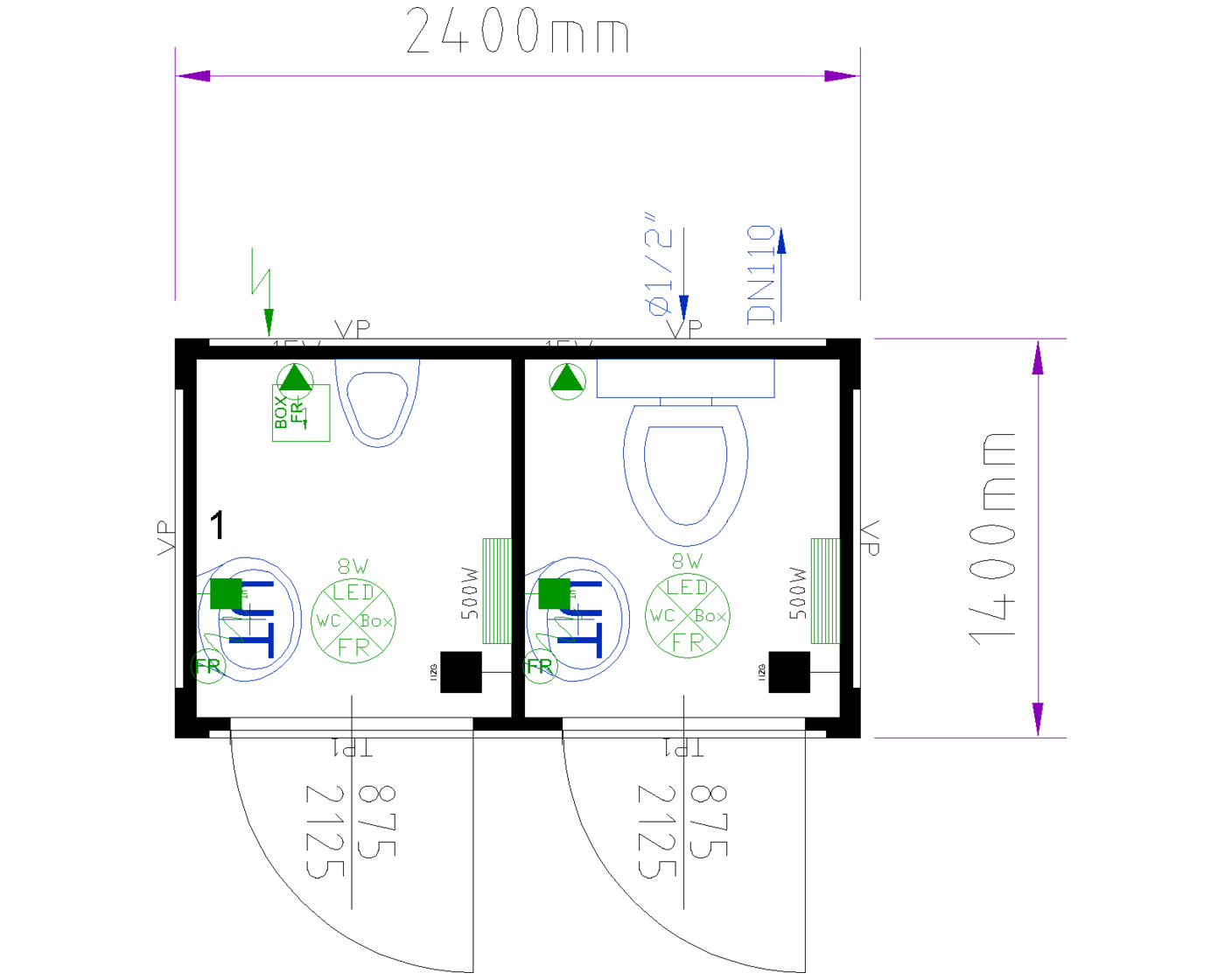 8ft Sanitary Cabin (WC + Urinal) floor plan