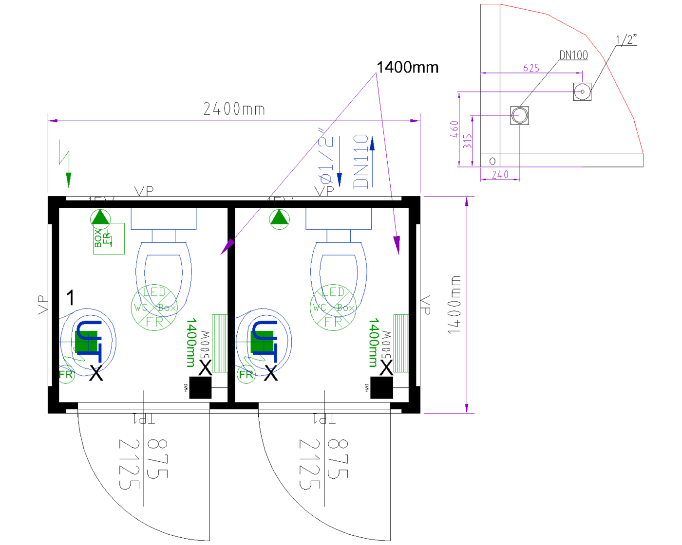 8ft Sanitary Cabin (Twin WC) floor plan