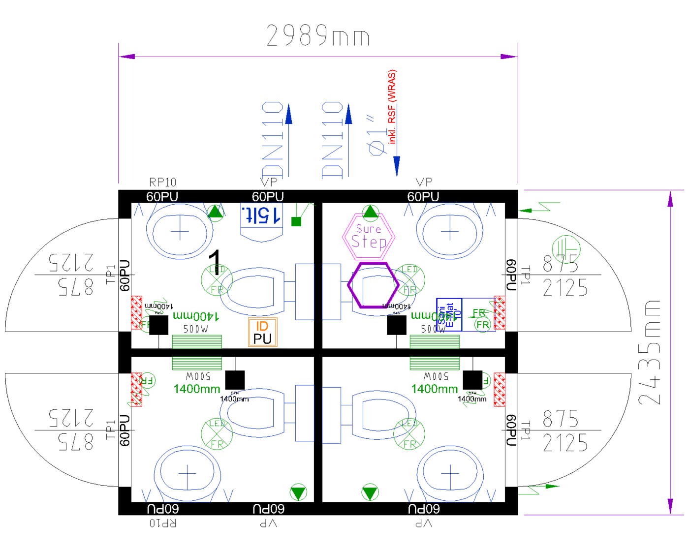 10ft Toilet Block (4 WC) floor plan