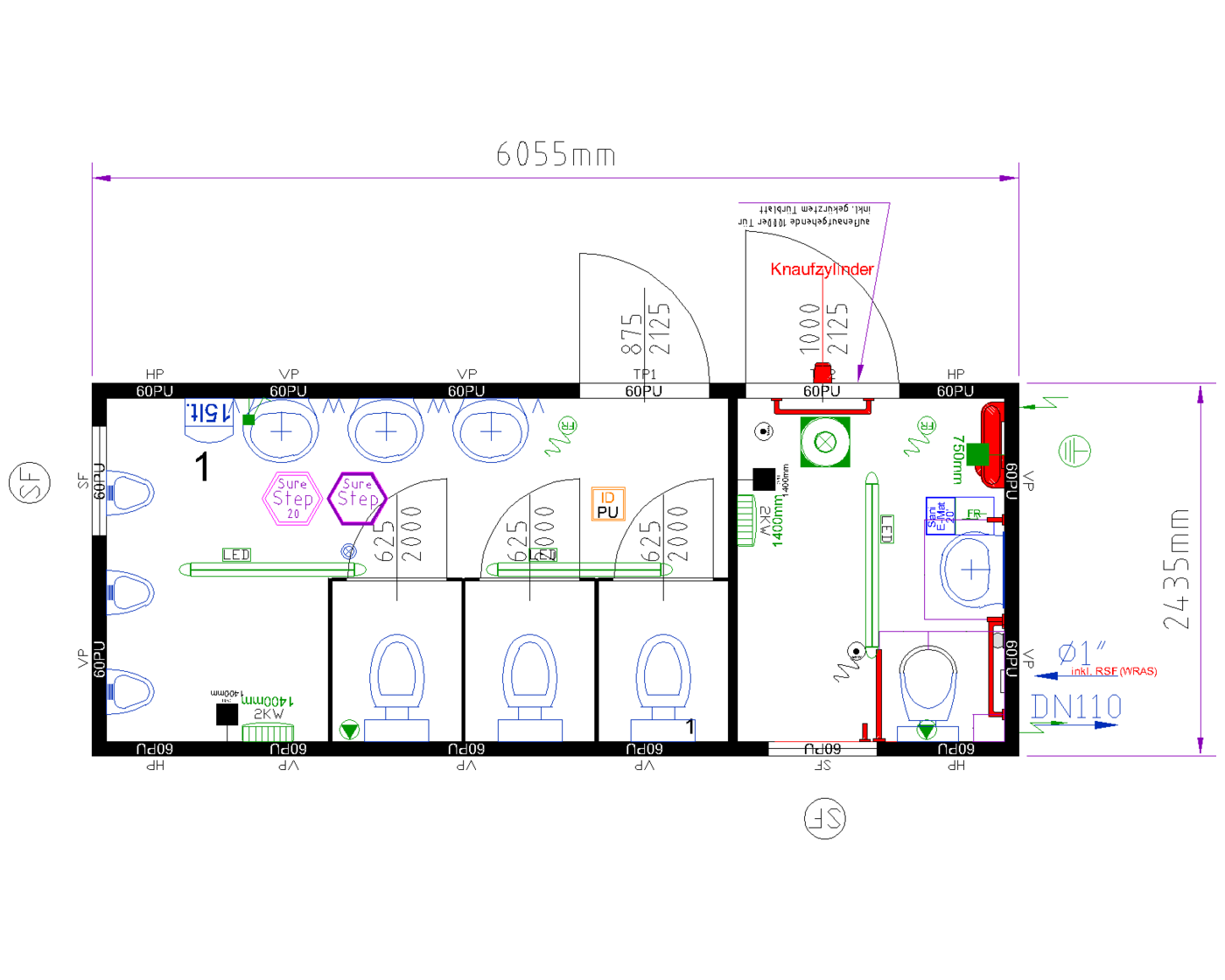 20ft Toilet Block (Mens + Accessible) floor plan