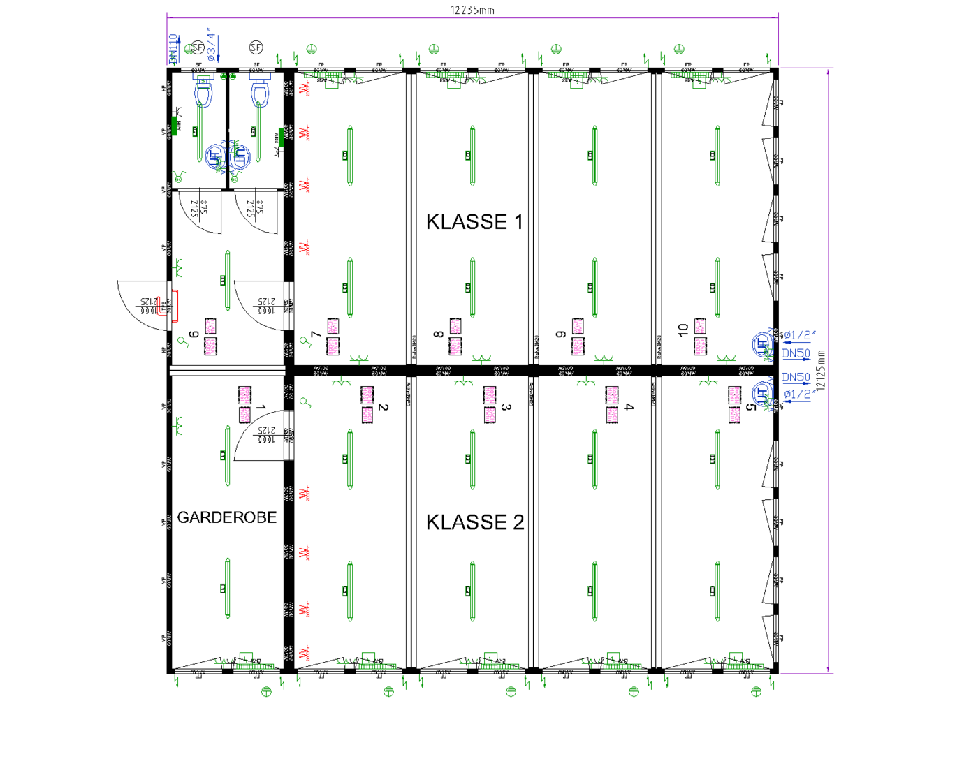 twin classroom block floor plan with cloakroom and WCs
