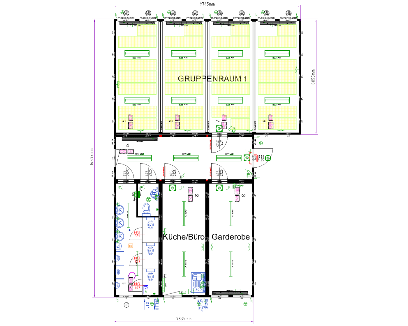modular nursery floor plan with group room, kitchen, cloakroom and WCs