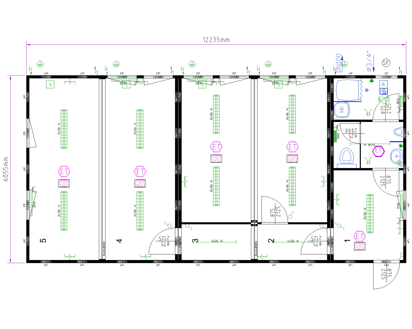 40ft five room staff building floor plan with kitchen and WC